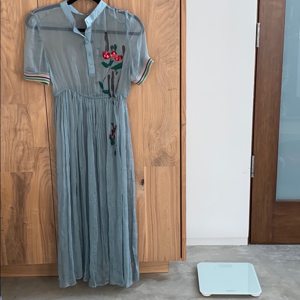 Powder blue silk dress with beaded embellishments